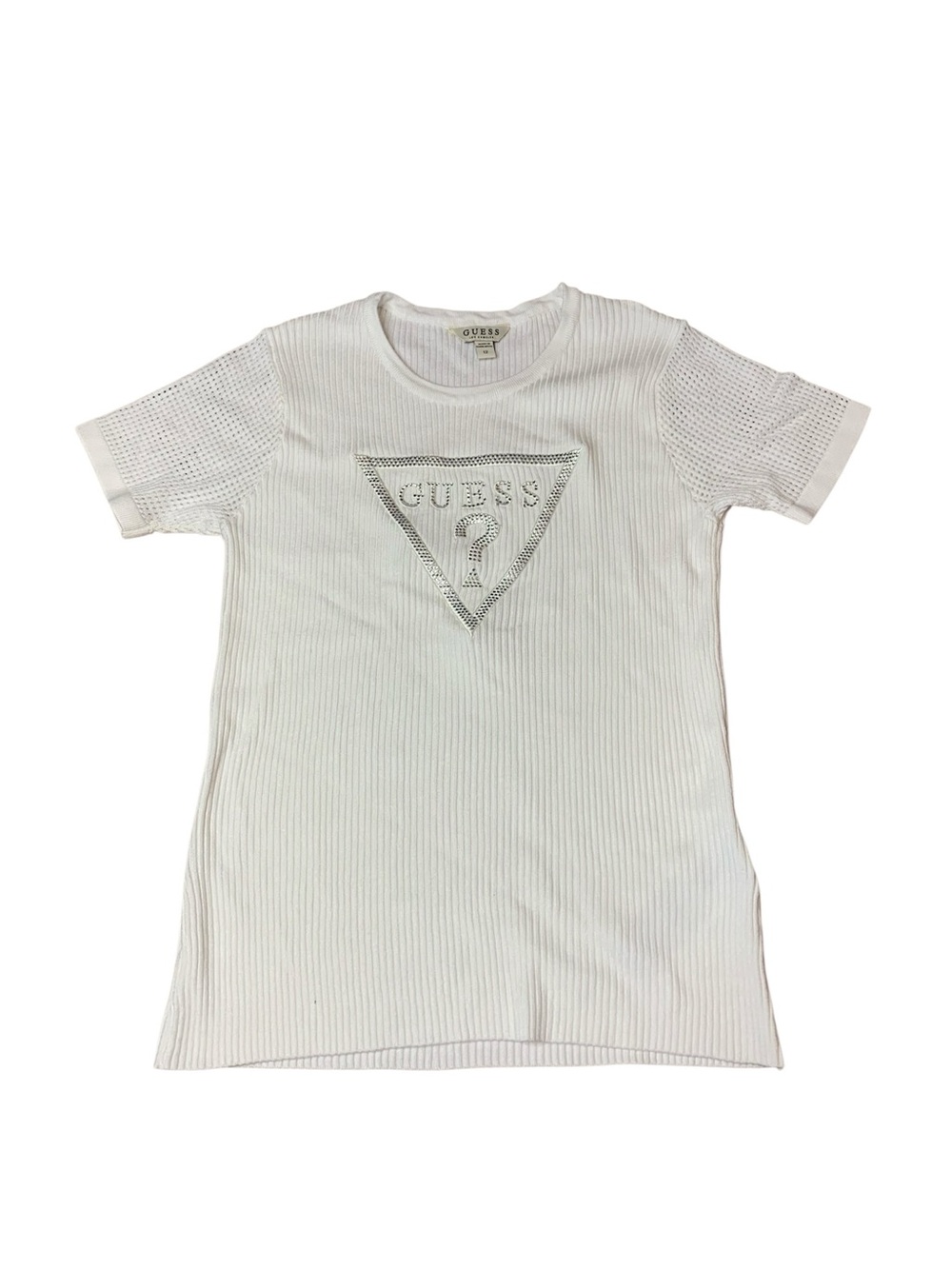 Guess Los Angeles White Rhinestone Triangle Logo Ribbed Knit Tee Size 12
